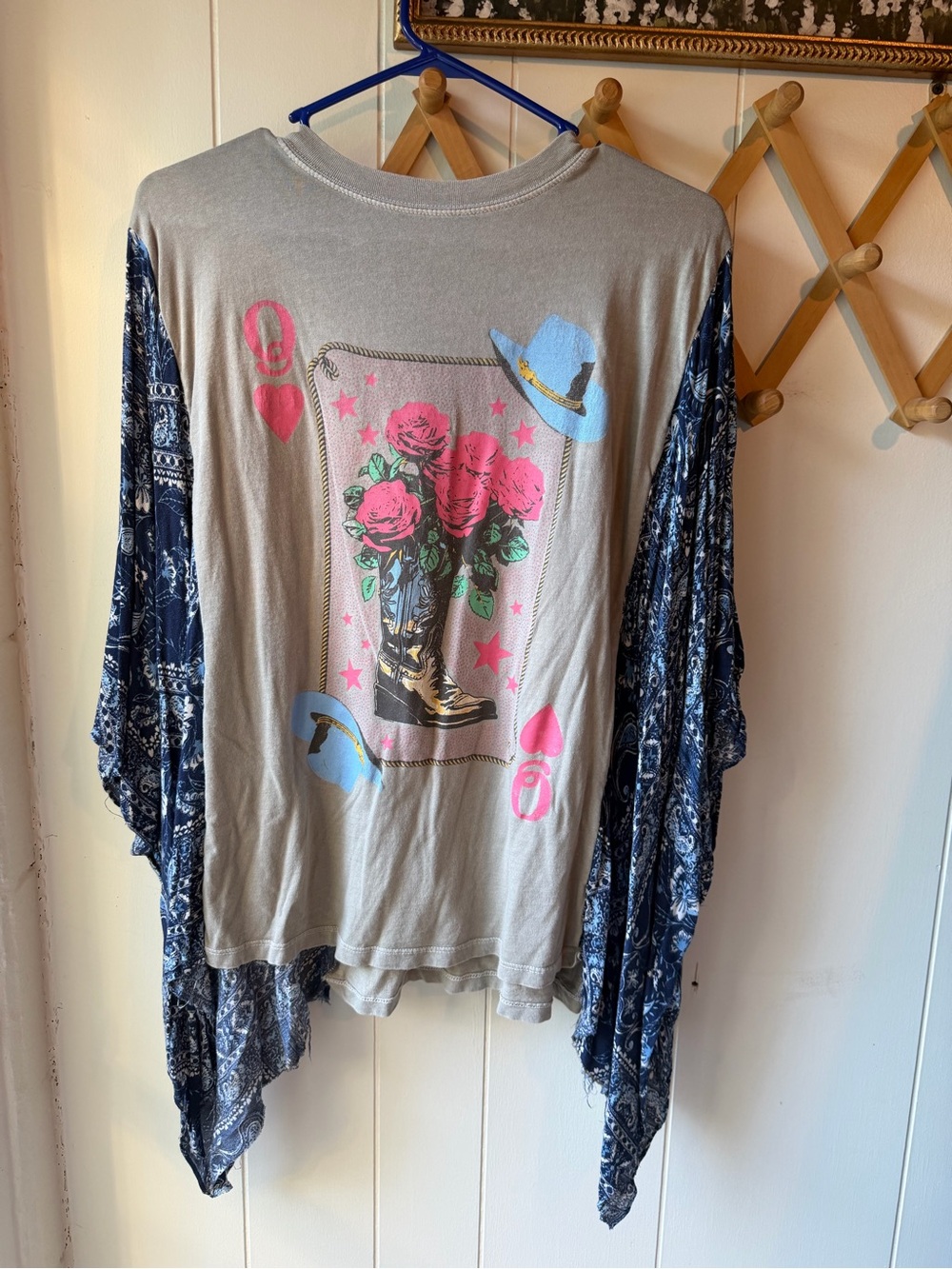 Boho Graphic Tunic with Pink Floral and Navy Draped Sleeves